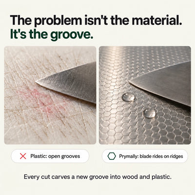 Grooved plastic board next to the Prymally honeycomb surface