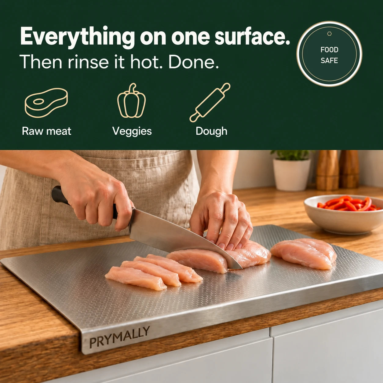 Raw meat, veggies and dough on one surface
